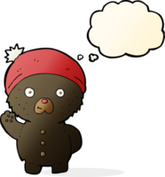 cartoon waving black teddy bear in winter hat with thought bubble png