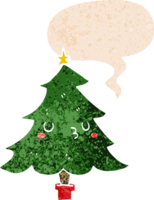 cute cartoon christmas tree with speech bubble in grunge distressed retro textured style png