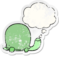 cute cartoon tortoise with thought bubble as a distressed worn sticker png