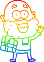 rainbow gradient line drawing of a cartoon crazy happy man with beard and gift under arm png