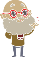 flat color style cartoon curious man with beard and sunglasses png