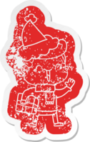quirky cartoon distressed sticker of a laughing boy wearing santa hat png