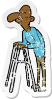 retro distressed sticker of a cartoon old man with walking frame png