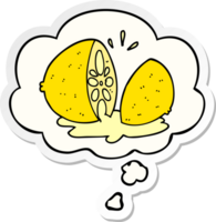 cartoon cut lemon with thought bubble as a printed sticker png