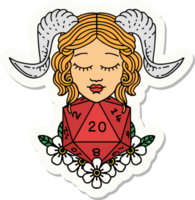 sticker of a tiefling with natural 20 D20 dice roll png