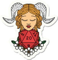 sticker van een tiefling met natuurlijk 20 d20 Dobbelsteen rollen png