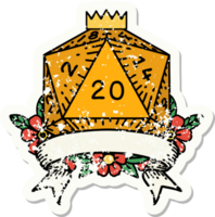 grunge sticker of a natural 20 critical hit D20 dice roll png