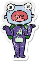 distressed sticker of a cartoon weird alien shrugging shoulders png