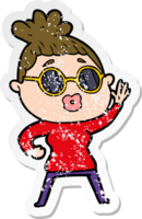 distressed sticker of a cartoon waving woman wearing sunglasses png