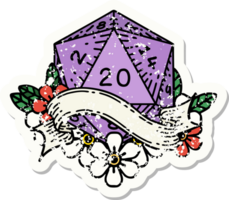 grunge sticker of a natural twenty D20 dice roll png
