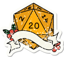 grunge sticker of a natural twenty D20 dice roll png