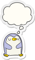 cartone animato pinguino con pensato bolla come un' stampato etichetta png