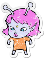 distressed sticker of a pretty cartoon alien girl png