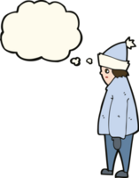 pessoa dos desenhos animados em roupas de inverno com balão de pensamento png