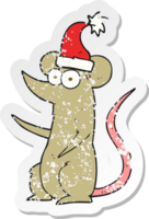 retro distressed sticker of a cartoon mouse wearing christmas hat png