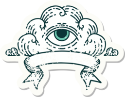 worn old sticker with banner of an all seeing eye cloud png