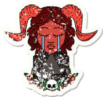 grunge sticker of a crying tiefling character with natural one D20 dice roll png