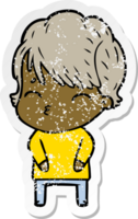 distressed sticker of a cartoon woman thinking png