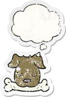 cartoon dog with bone with thought bubble as a distressed worn sticker png