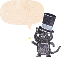 cartoon cat wearing top hat with speech bubble in grunge distressed retro textured style png