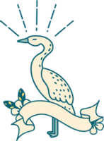 scroll banner with tattoo style standing stork png