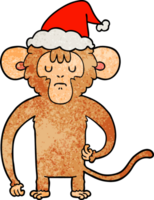hand drawn textured cartoon of a monkey scratching wearing santa hat png