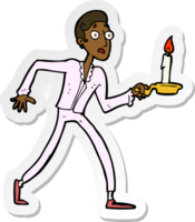 sticker of a cartoon frightened man walking with candlestick png