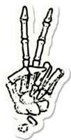 bedrövad klistermärke tatuering i traditionell stil av en skelett ger en fred tecken png