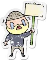 distressed sticker of a cartoon bearded protester crying png