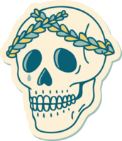 sticker van tatoeëren in traditioneel stijl van een schedel met laurier krans kroon png