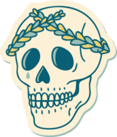 pegatina de tatuaje al estilo tradicional de una calavera con corona de laurel png