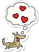 cartoon dog with love hearts with thought bubble as a printed sticker png