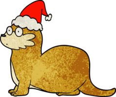 hand drawn textured cartoon of a otter wearing santa hat png