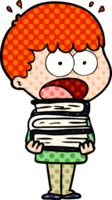 cartoon shocked boy with stack of books png