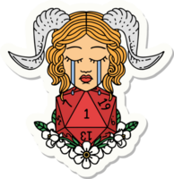 sticker of a crying tiefling with natural one D20 dice roll png
