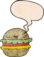 cartoon burger with speech bubble in retro texture style png