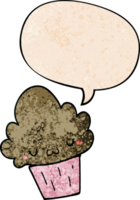 cartoon cupcake with face with speech bubble in retro texture style png
