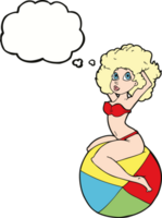 cartoon pin up girl sitting on ball with thought bubble png