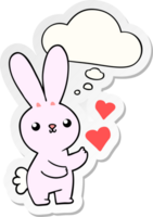 carino cartone animato coniglio con amore cuori con pensato bolla come un' stampato etichetta png