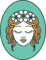 imagem de estilo de tatuagem icônica de uma donzela com os olhos fechados png