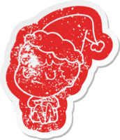 quirky cartoon distressed sticker of a grumpy boy wearing santa hat png