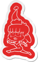 excentrique dessin animé autocollant de une fatigué femme portant Père Noël chapeau png