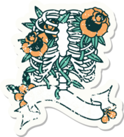 worn old sticker with banner of a rib cage and flowers png