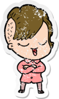 distressed sticker of a happy cartoon girl png