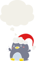 dibujos animados pingüino vistiendo Navidad sombrero con pensamiento burbuja en retro estilo png