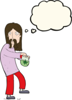 cartoon hippie man with bag of weed with thought bubble png