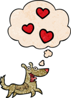 cartoon dog with love hearts with thought bubble in grunge texture style png