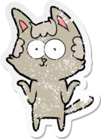 distressed sticker of a happy cartoon cat shruggingshoulders png
