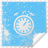 distressed square peeling sticker symbol of a alarm clock png