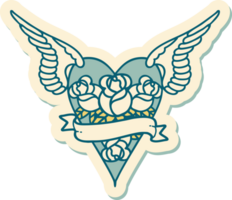 sticker of tattoo in traditional style of a flying heart with flowers and banner png